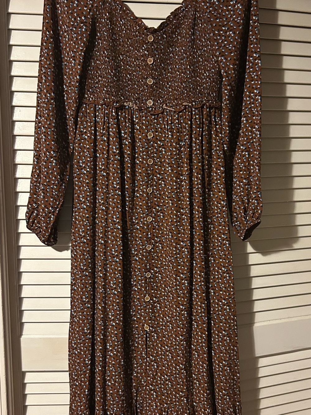 Brown Long Sleeve Maxi Dress with Smocked Bodice medium